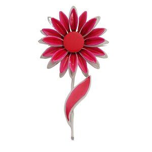 Vintage Pink And White Enamel Dimensional Metal Stemmed Flower Brooch Pin E884